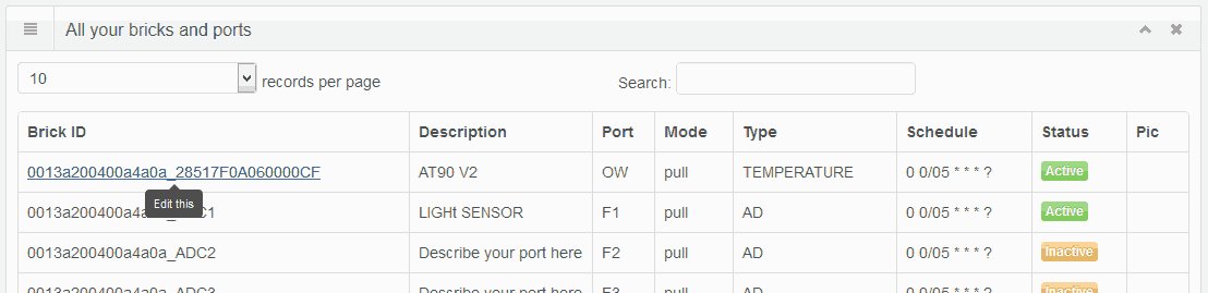 BRICKS PAGE - SELECT BRICK TO OBTAIN THE MANAGE BRICK SCREEN WITH ALL THE INFORMATION