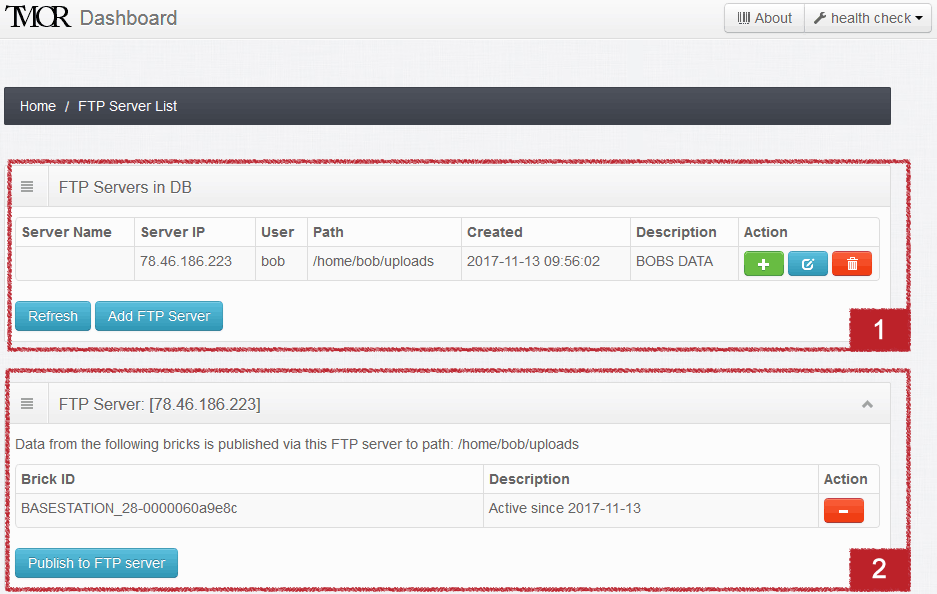 FTP SERVER INFO PAGE - WITH ONE SFTP EXAMPLE CONNECTION / USER BOB